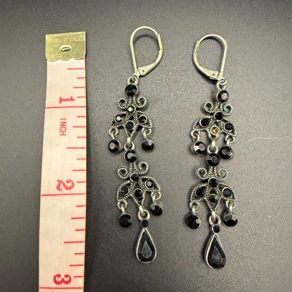 Elegant Black and Silver Tone Dangle Statement Earrings - Picture 2 of 2
